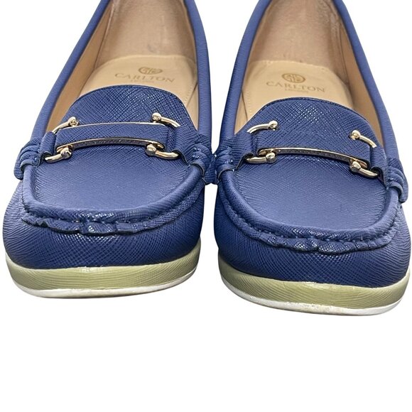 Carlton London Textured Moc-Toe Wedges in Navy Blue with gold accents, size US 9 - Picture 14 of 14